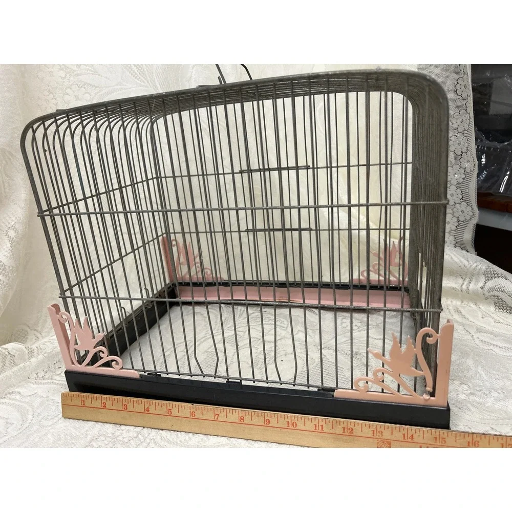 Vintage MCM Beco Bird Cage Pink Bird Accents Black Base MCM Incomplete
